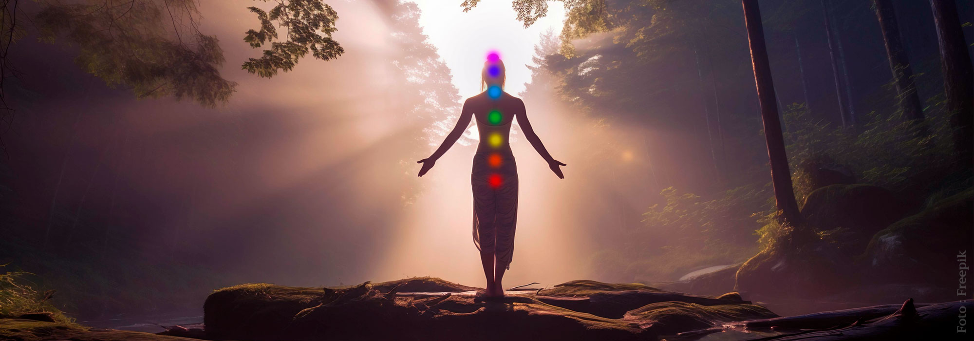 Imagem mostra uma mulher contra a luz com a localização dos seus 7 chakras